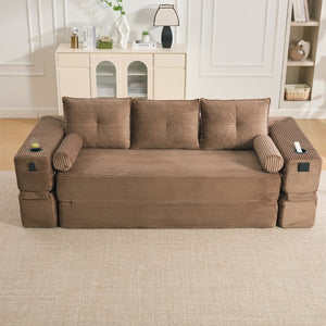 English Elm Compact Corduroy Convertible Floor Sofa Futon with Adjustable Headrests for Studios 91.34 inches Brown W395S00153