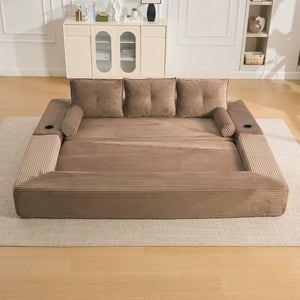 English Elm Compact Corduroy Convertible Floor Sofa Futon with Adjustable Headrests for Studios 91.34 inches Brown W395S00153