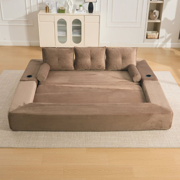 English Elm Compact Corduroy Convertible Floor Sofa Futon with Adjustable Headrests for Studios 91.34 inches Brown W395S00153