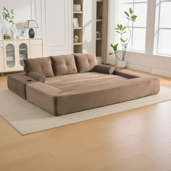 English Elm Compact Corduroy Convertible Floor Sofa Futon with Adjustable Headrests for Studios 91.34 inches Brown W395S00153