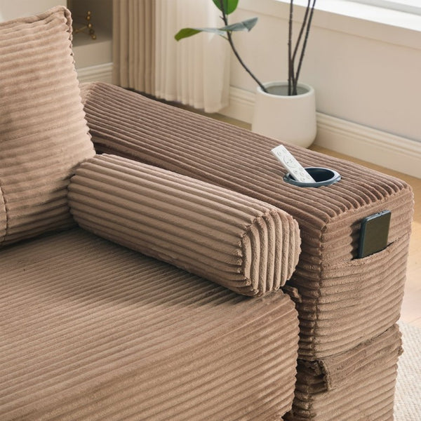 English Elm Compact Corduroy Convertible Floor Sofa Futon with Adjustable Headrests for Studios 91.34 inches Brown W395S00153