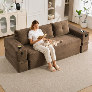 English Elm Compact Corduroy Convertible Floor Sofa Futon with Adjustable Headrests for Studios 91.34 inches Brown W395S00153