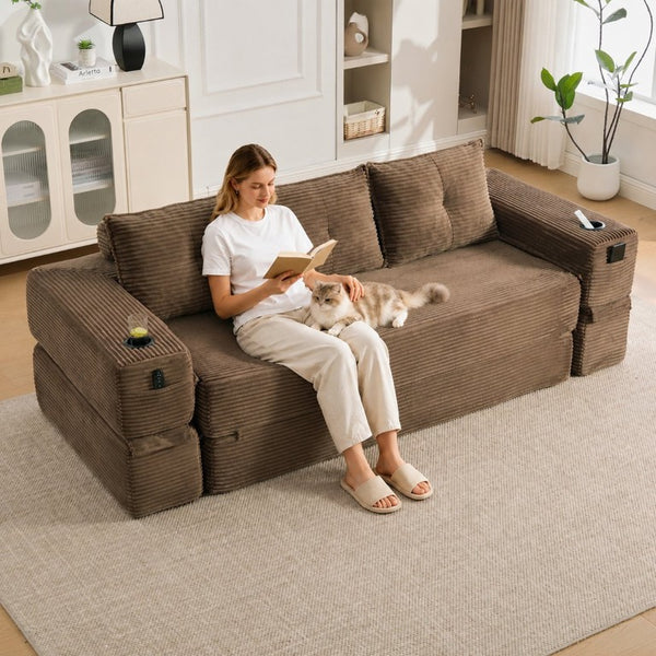 English Elm Compact Corduroy Convertible Floor Sofa Futon with Adjustable Headrests for Studios 91.34 inches Brown W395S00153