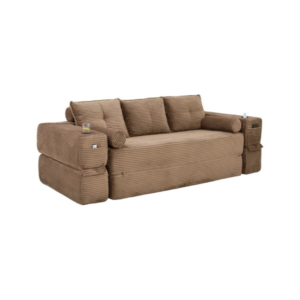 English Elm Compact Corduroy Convertible Floor Sofa Futon with Adjustable Headrests for Studios 91.34 inches Brown W395S00153