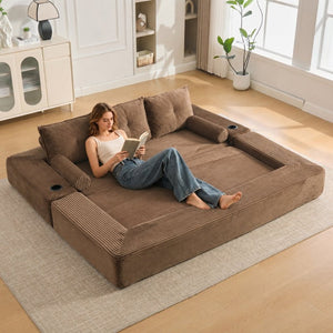 English Elm Compact Corduroy Convertible Floor Sofa Futon with Adjustable Headrests for Studios 91.34 inches Brown W395S00153