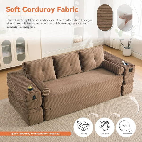 English Elm Compact Corduroy Convertible Floor Sofa Futon with Adjustable Headrests for Studios 91.34 inches Brown W395S00153