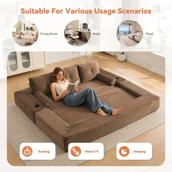 English Elm Compact Corduroy Convertible Floor Sofa Futon with Adjustable Headrests for Studios 91.34 inches Brown W395S00153