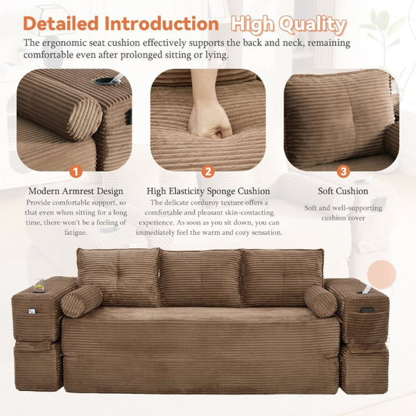 English Elm Compact Corduroy Convertible Floor Sofa Futon with Adjustable Headrests for Studios 91.34 inches Brown W395S00153