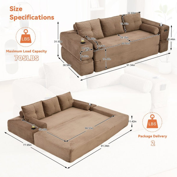 English Elm Compact Corduroy Convertible Floor Sofa Futon with Adjustable Headrests for Studios 91.34 inches Brown W395S00153