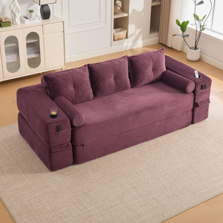 English Elm Compact Corduroy Convertible Floor Sofa Futon with Adjustable Headrests for Studios 91.34 inches Wine Red W395S00154