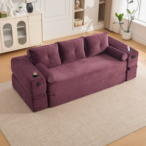 English Elm Compact Corduroy Convertible Floor Sofa Futon with Adjustable Headrests for Studios 91.34 inches Wine Red W395S00154