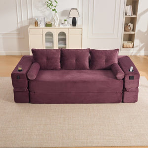 English Elm Compact Corduroy Convertible Floor Sofa Futon with Adjustable Headrests for Studios 91.34 inches Wine Red W395S00154