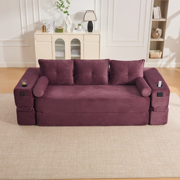 English Elm Compact Corduroy Convertible Floor Sofa Futon with Adjustable Headrests for Studios 91.34 inches Wine Red W395S00154
