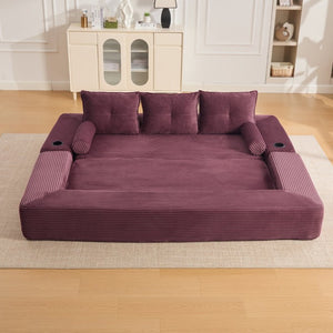 English Elm Compact Corduroy Convertible Floor Sofa Futon with Adjustable Headrests for Studios 91.34 inches Wine Red W395S00154
