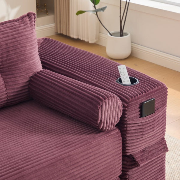 English Elm Compact Corduroy Convertible Floor Sofa Futon with Adjustable Headrests for Studios 91.34 inches Wine Red W395S00154
