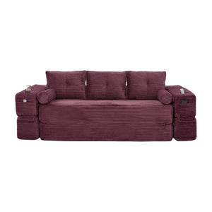 English Elm Compact Corduroy Convertible Floor Sofa Futon with Adjustable Headrests for Studios 91.34 inches Wine Red W395S00154