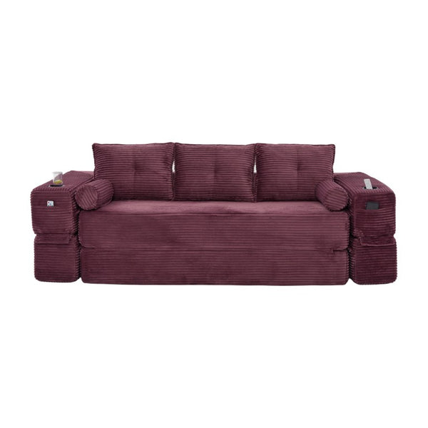 English Elm Compact Corduroy Convertible Floor Sofa Futon with Adjustable Headrests for Studios 91.34 inches Wine Red W395S00154