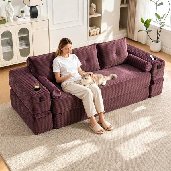 English Elm Compact Corduroy Convertible Floor Sofa Futon with Adjustable Headrests for Studios 91.34 inches Wine Red W395S00154