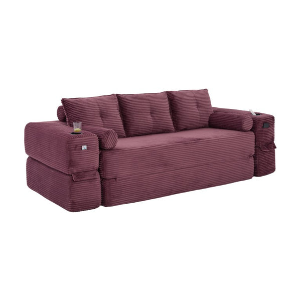 English Elm Compact Corduroy Convertible Floor Sofa Futon with Adjustable Headrests for Studios 91.34 inches Wine Red W395S00154