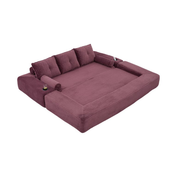 English Elm Compact Corduroy Convertible Floor Sofa Futon with Adjustable Headrests for Studios 91.34 inches Wine Red W395S00154