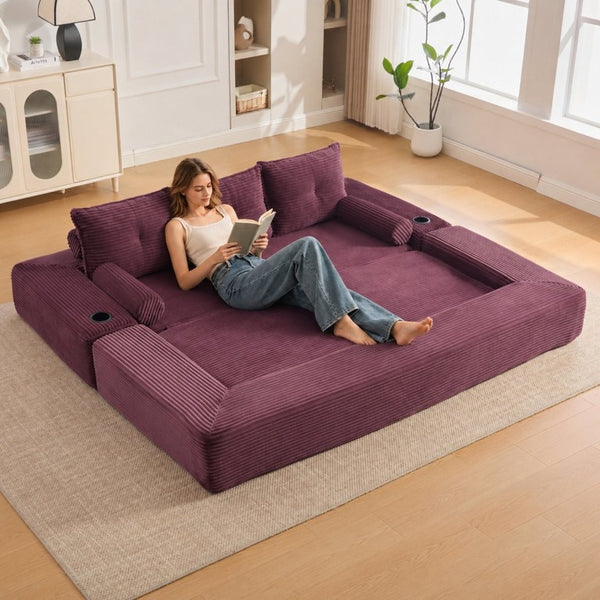 English Elm Compact Corduroy Convertible Floor Sofa Futon with Adjustable Headrests for Studios 91.34 inches Wine Red W395S00154