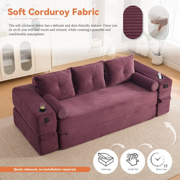 English Elm Compact Corduroy Convertible Floor Sofa Futon with Adjustable Headrests for Studios 91.34 inches Wine Red W395S00154