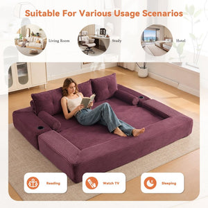 English Elm Compact Corduroy Convertible Floor Sofa Futon with Adjustable Headrests for Studios 91.34 inches Wine Red W395S00154