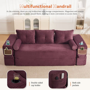 English Elm Compact Corduroy Convertible Floor Sofa Futon with Adjustable Headrests for Studios 91.34 inches Wine Red W395S00154