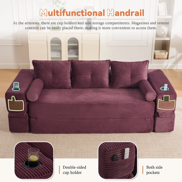 English Elm Compact Corduroy Convertible Floor Sofa Futon with Adjustable Headrests for Studios 91.34 inches Wine Red W395S00154