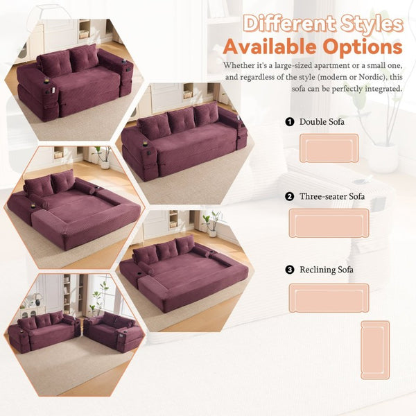 English Elm Compact Corduroy Convertible Floor Sofa Futon with Adjustable Headrests for Studios 91.34 inches Wine Red W395S00154