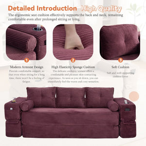 English Elm Compact Corduroy Convertible Floor Sofa Futon with Adjustable Headrests for Studios 91.34 inches Wine Red W395S00154