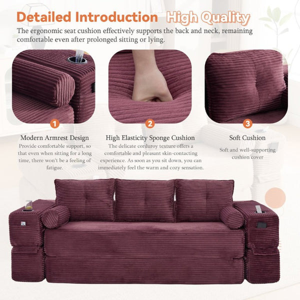 English Elm Compact Corduroy Convertible Floor Sofa Futon with Adjustable Headrests for Studios 91.34 inches Wine Red W395S00154