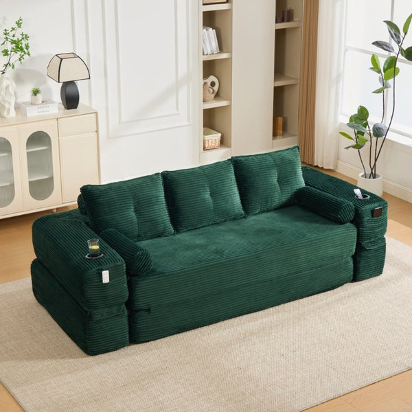 English Elm Compact Corduroy Convertible Floor Sofa Futon with Adjustable Headrests for Studios 91.34 inches Emerald W395S00155