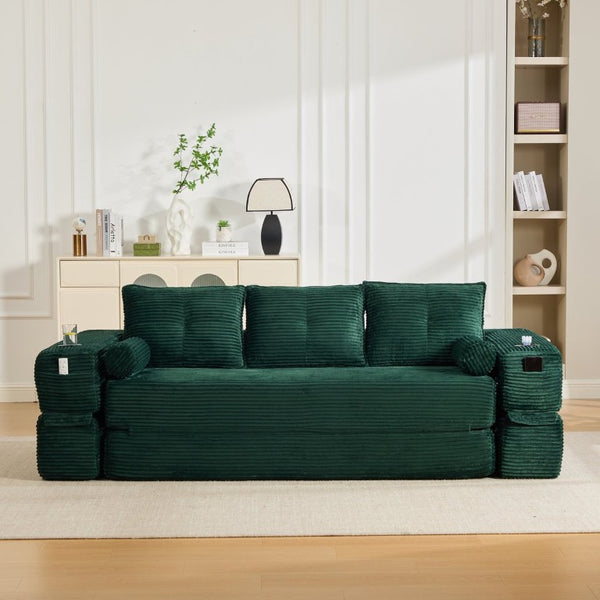 English Elm Compact Corduroy Convertible Floor Sofa Futon with Adjustable Headrests for Studios 91.34 inches Emerald W395S00155