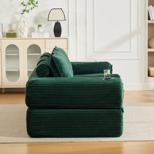 English Elm Compact Corduroy Convertible Floor Sofa Futon with Adjustable Headrests for Studios 91.34 inches Emerald W395S00155
