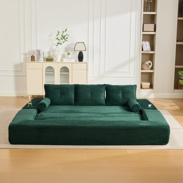 English Elm Compact Corduroy Convertible Floor Sofa Futon with Adjustable Headrests for Studios 91.34 inches Emerald W395S00155