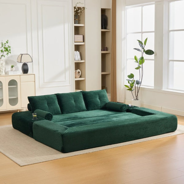English Elm Compact Corduroy Convertible Floor Sofa Futon with Adjustable Headrests for Studios 91.34 inches Emerald W395S00155