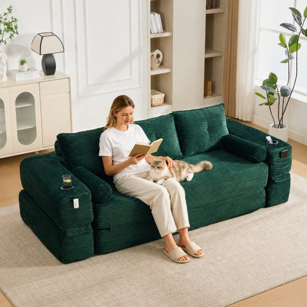 English Elm Compact Corduroy Convertible Floor Sofa Futon with Adjustable Headrests for Studios 91.34 inches Emerald W395S00155