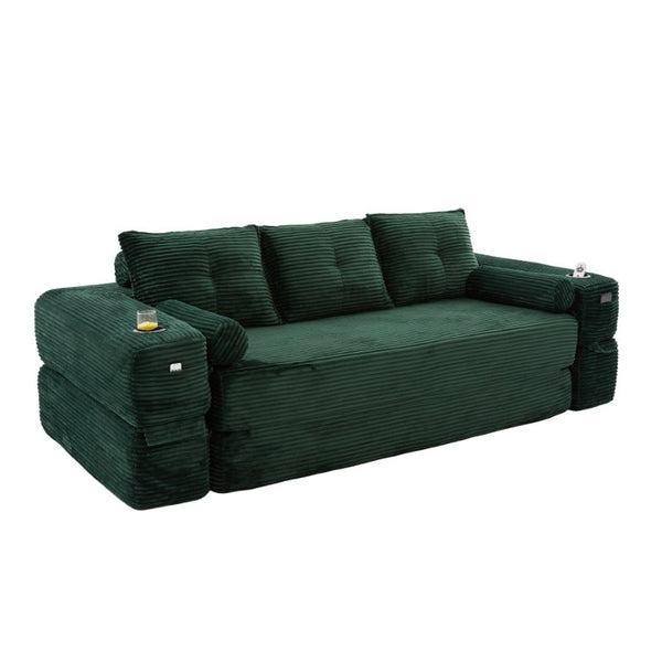 English Elm Compact Corduroy Convertible Floor Sofa Futon with Adjustable Headrests for Studios 91.34 inches Emerald W395S00155