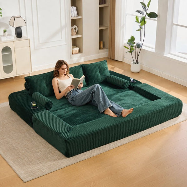 English Elm Compact Corduroy Convertible Floor Sofa Futon with Adjustable Headrests for Studios 91.34 inches Emerald W395S00155