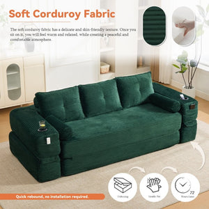 English Elm Compact Corduroy Convertible Floor Sofa Futon with Adjustable Headrests for Studios 91.34 inches Emerald W395S00155