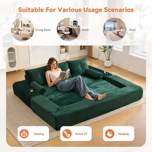 English Elm Compact Corduroy Convertible Floor Sofa Futon with Adjustable Headrests for Studios 91.34 inches Emerald W395S00155