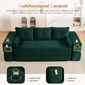 English Elm Compact Corduroy Convertible Floor Sofa Futon with Adjustable Headrests for Studios 91.34 inches Emerald W395S00155
