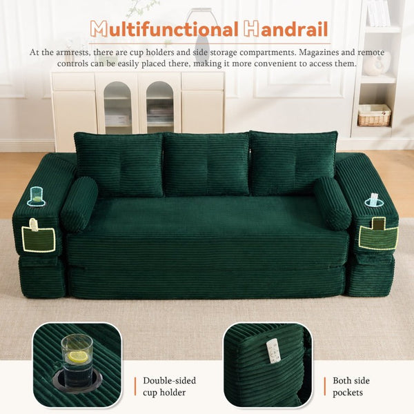 English Elm Compact Corduroy Convertible Floor Sofa Futon with Adjustable Headrests for Studios 91.34 inches Emerald W395S00155
