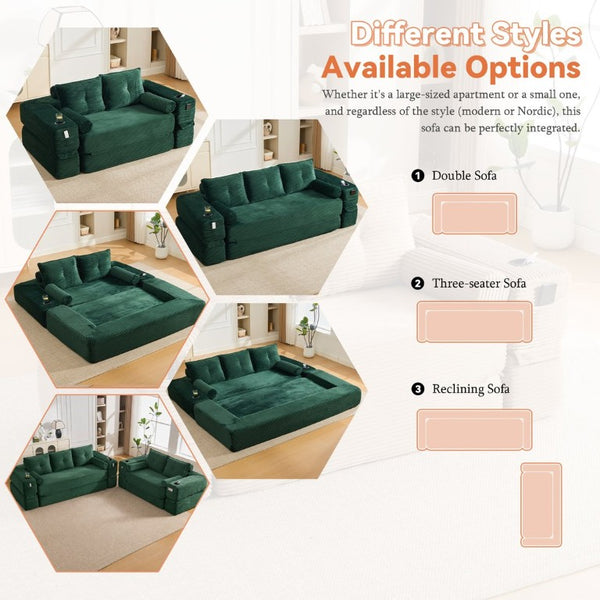 English Elm Compact Corduroy Convertible Floor Sofa Futon with Adjustable Headrests for Studios 91.34 inches Emerald W395S00155