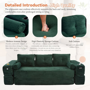 English Elm Compact Corduroy Convertible Floor Sofa Futon with Adjustable Headrests for Studios 91.34 inches Emerald W395S00155