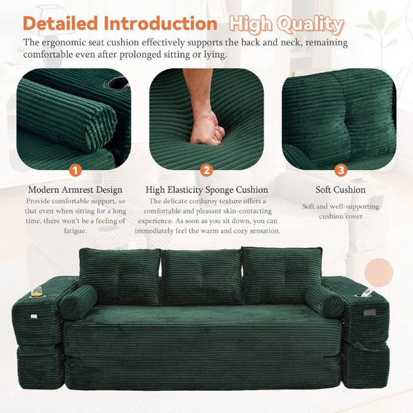 English Elm Compact Corduroy Convertible Floor Sofa Futon with Adjustable Headrests for Studios 91.34 inches Emerald W395S00155