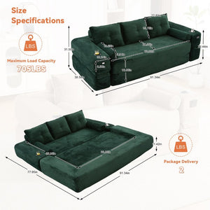English Elm Compact Corduroy Convertible Floor Sofa Futon with Adjustable Headrests for Studios 91.34 inches Emerald W395S00155