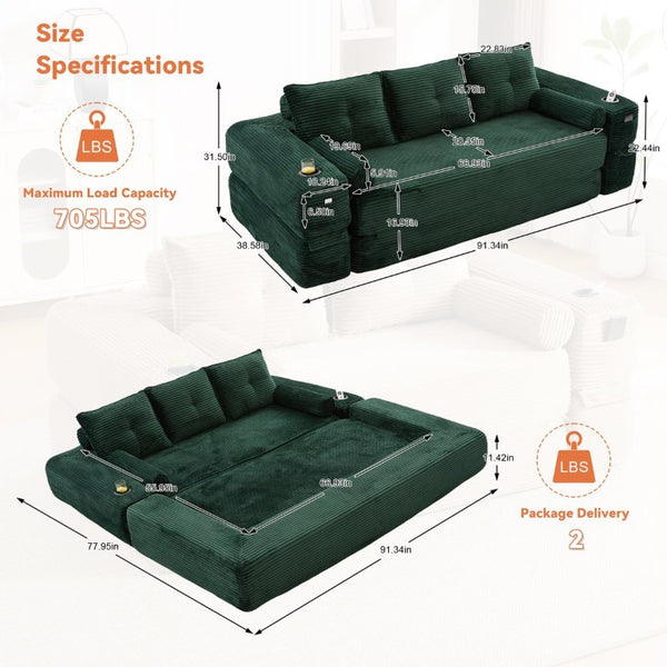English Elm Compact Corduroy Convertible Floor Sofa Futon with Adjustable Headrests for Studios 91.34 inches Emerald W395S00155