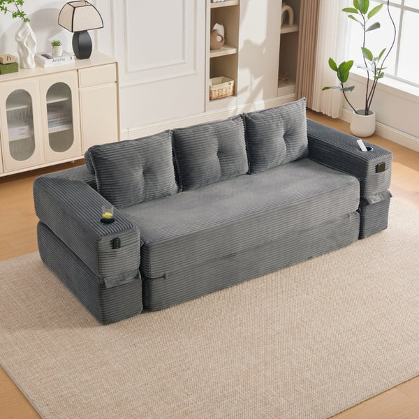 English Elm Compact Corduroy Convertible Floor Sofa Futon with Adjustable Headrests for Studios 91.34 inches Dark Gray W395S00156
